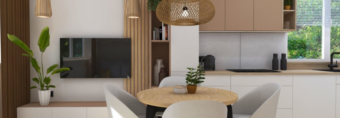 mieszkanie w beżach- salon z kuchnią